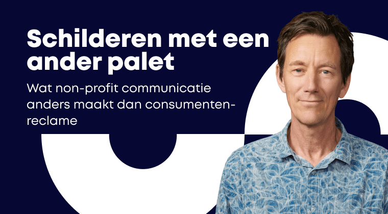 Een foto van de auteur Peter Heinen, met de Nederlandse tekst 'Schilderen met een ander palet' en 'Wat non-profit communicatie anders maakt dan consumenten-reclame'.